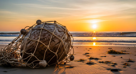 A washed-up coconut encased in an old fishing net rests on the sandy beach during a golden sunrise. The warm light reflects off the ocean waves in the background, highlighting the textures of the sand and debris.の素材
