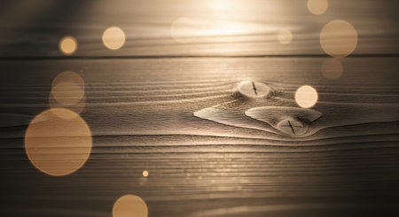 A close-up view of a natural wooden surface highlights the intricate grain and knots. Soft, floating golden bokeh lights overlay the texture, creating a warm, magical, and festive background suitable for holidays or celebrations.の素材