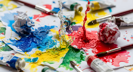 An energetic splash of red, blue, and yellow paint creates a dynamic and colorful mess on a white surface. Paint tubes and crumpled paper balls surround the splashing liquid, representing creativity and artistic chaos.の素材