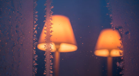Intricate ice crystals and frost patterns cover a window pane, illuminated by the warm orange glow of an indoor lamp reflecting on the glass. The contrast between the cold blue exterior twilight and the cozy interior light creates a captivating abstract winter scene.の素材