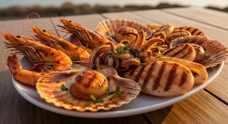 A delicious platter of grilled seafood is served on a white plate in an outdoor setting. The dish features charred shrimp, scallops in the shell, and calamari or squid, garnished with fresh herbs, representing a gourmet coastal dining experience.の素材