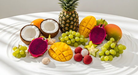 A vibrant arrangement of exotic tropical fruits including pineapple, dragon fruit, mango, and coconut rests on white sand. The bright colors and beach setting evoke a feeling of summer freshness and health.の素材