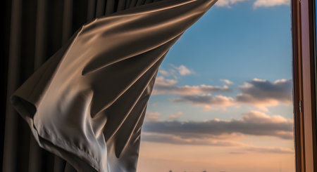 A grey curtain billows in the wind through an open window, revealing a beautiful blue sky with soft clouds at sunset. The image evokes a sense of fresh air, freedom, and a peaceful domestic atmosphere.の素材