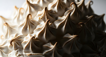 A macro close-up of golden-brown toasted meringue peaks on a delicious dessert. The soft, billowy texture and caramelized tips create an appetizing and artistic pattern of sweetness, showcasing fine pastry craftsmanship.の素材