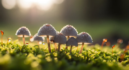 A magical cluster of tiny mushrooms grows from a bed of green moss, their caps adorned with glistening morning dew drops. The warm backlighting creates a dreamy, fairytale atmosphere, highlighting the delicate textures of the fungi and water.の素材