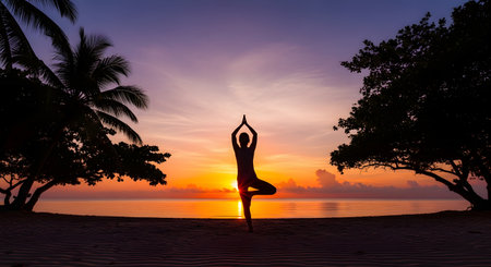 A silhouette of a person practicing yoga in the tree pose on a sandy beach during a vibrant sunset. Palm trees frame the scene as the sun reflects on the calm ocean water, symbolizing peace and wellness.の素材