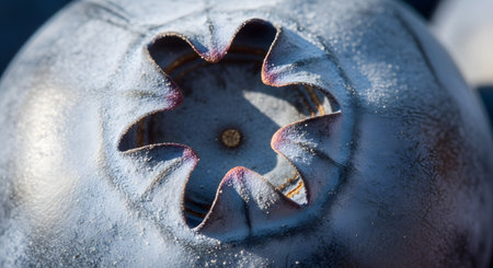 A macro close-up of a fresh blueberry, highlighting the textured, frosty skin and the unique star-shaped calyx. The lighting emphasizes the blue-purple hues and the fine details of the fruit's surface.の素材