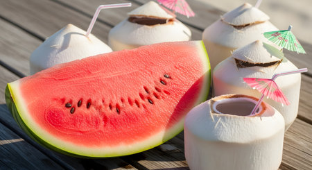 Fresh young coconuts with straws and a slice of ripe red watermelon are arranged on a wooden table, with more coconuts in the background. This refreshing setup embodies the essence of a healthy summer treat.の素材