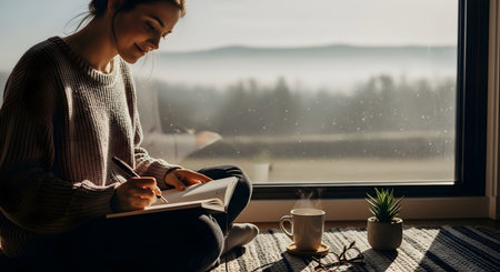 A young woman sitting on the floor by a large window, writing in a journal with a peaceful mountain view in the background. A cup of coffee and a small plant accompany her during this quiet moment of mindfulness.の素材