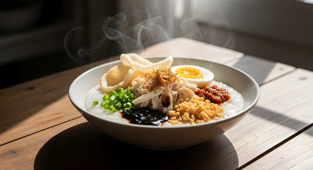 A bowl of Bubur Ayam, traditional Indonesian chicken porridge, topped with crackers, shredded chicken, fried shallots, and chili paste. The steaming dish sits on a wooden table, representing a popular savory Asian breakfast.の素材