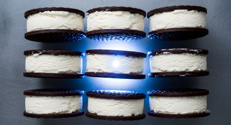 Nine round ice cream sandwiches are arranged in a neat 3x3 grid. A cool blue light glows from the center, illuminating the creamy vanilla filling between the dark chocolate cookies, creating a modern and stylized food image.の素材