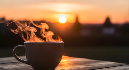A silhouette of a steaming coffee cup sits on a wooden table against a stunning golden sunrise. The swirling steam and warm light create a peaceful and inviting morning atmosphere.の素材