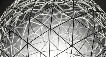 A close-up, abstract view of a geometric wire sphere structure creating a complex network of lines. The intricate pattern of metal triangles is highlighted against a neutral background, emphasizing structure and design.の素材