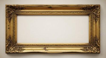 An empty, ornate golden picture frame with intricate floral carvings centered on a textured beige background. The frame features a vintage, antique style with detailed corners and edges, offering a classic space for text or images.の素材
