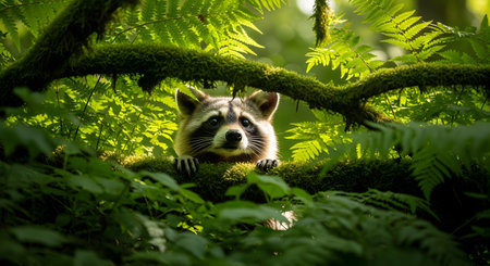 A cute raccoon peers curiously over a moss-covered tree branch in a lush, green forest. Surrounded by vibrant ferns and dappled sunlight, the animal's expressive face is the focal point of this wildlife portrait.の素材