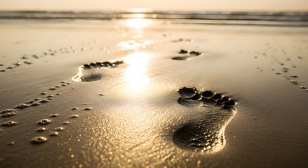 Footprints embedded in the wet sand of a beach stretch towards the horizon, illuminated by the golden light of a sunset. The calm ocean waves and reflection on the shore create a peaceful and contemplative travel scene.の素材