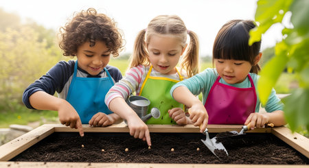 Three diverse, happy children are actively engaged in gardening, planting seeds in a raised wooden bed. Dressed in colorful aprons, they use small tools and their hands to work the soil, illustrating themes of education, nature, and healthy outdoor activities.の素材