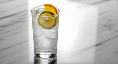 A tall glass of sparkling water is filled with ice cubes and garnished with fresh slices of lemon and orange. The drink sits on a white marble surface, conveying a sense of refreshment and purity.の素材