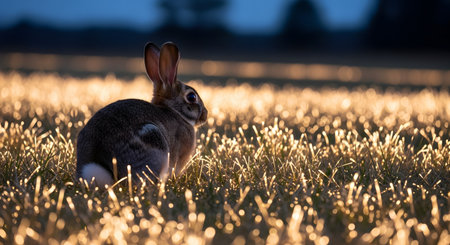 A cute brown rabbit sits in a grassy field illuminated by magical, glowing lights at twilight. The soft bokeh and warm lighting create a fairytale-like atmosphere around the wild hare.の素材