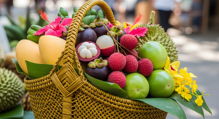 A woven basket overflows with an abundance of exotic tropical fruits, including mangoes, mangosteens, lychees, passion fruit, and durian. Hibiscus flowers add a vibrant touch to this colorful harvest display, representing the richness of Southeast Asian agriculture.の素材