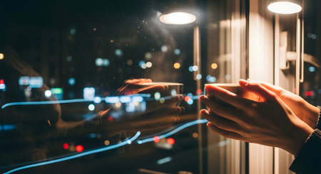 A pair of hands gently holds a warm cup against a window pane at night, with blurred city lights creating a colorful bokeh background. The reflection of the hands and cup is visible on the glass, evoking a cozy and contemplative urban mood.の素材