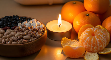 A soothing composition features a lit candle surrounded by fresh oranges and tangerines, alongside a wooden bowl filled with mixed beans. The warm lighting highlights the textures of the fruit peel and the natural colors of the legumes, creating a spa-like or wellness atmosphere.の素材