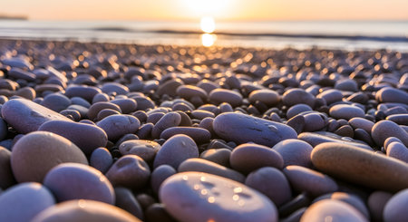 Smooth, round pebbles cover a peaceful beach shoreline under the warm glow of a sunset. The background features a blurred sea with shimmering light reflections, evoking a sense of calm and relaxation.の素材
