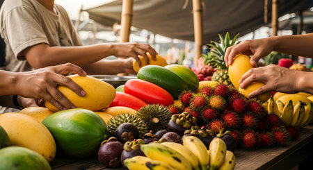 Hands of customers and vendors interacting over a pile of fresh tropical fruits including mangoes, rambutans, and mangosteens at an outdoor market. The scene captures the bustling activity of buying fresh produce.の素材