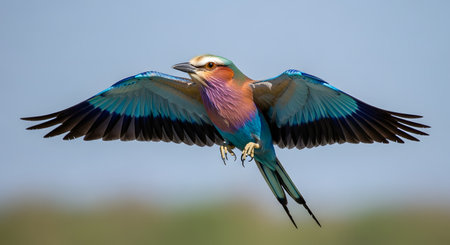 A majestic Lilac-breasted Roller is captured in mid-flight with its colorful wings fully spread. The bird's vibrant plumage of turquoise, dark blue, and lilac stands out beautifully against the clear, soft blue sky background.の素材