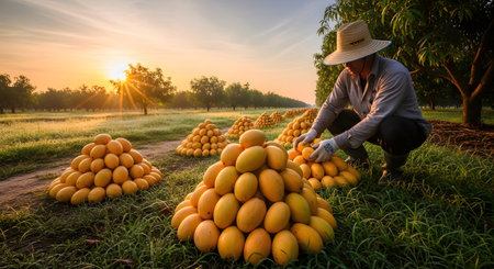 A farmer arranges piles of freshly harvested yellow mangoes in a lush orchard during a golden sunrise. The worker wears a straw hat and gloves, tending to the abundant fruit yield in a peaceful agricultural setting.の素材