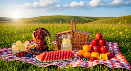 A delightful summer picnic setup on a red checkered blanket features a wicker basket, fresh fruits like watermelon and grapes, and a pitcher of lemonade. The scene is set in a grassy meadow with rolling hills and a blue sky in the background.の素材