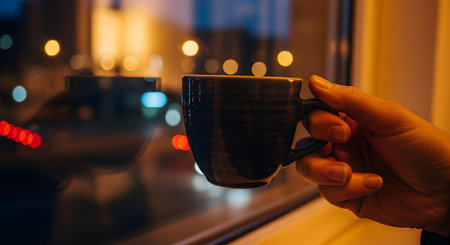 A hand holds a dark ceramic cup against a rainy window with blurred city lights in the background. The cozy evening atmosphere evokes feelings of warmth, relaxation, and comfort indoors while the world bustles outside.の素材