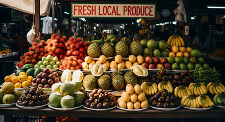 A vibrant market stall displays a wide variety of exotic tropical fruits arranged in colorful piles under a sign reading 'Fresh Local Produce'. The selection includes durian, rambutan, mangosteen, mangoes, bananas, and coconuts, showcasing the abundance of local agriculture.の素材