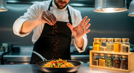 A professional male chef in a black apron dramatically sprinkles red spices into a frying pan while cooking in a commercial kitchen. Jars of various colorful spices are displayed in the foreground, highlighting the culinary art and preparation process.の素材