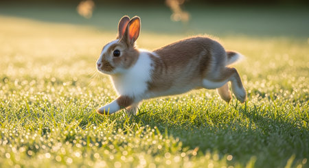 A cute brown and white rabbit runs energetically across a green grassy field. The dynamic motion is captured in the warm sunlight with a soft bokeh background, highlighting the playful nature of the animal.の素材