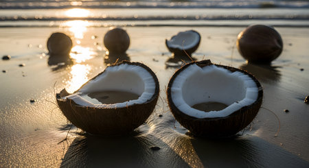 Coconuts, some cracked open with fresh water inside, lie on the sandy beach during a golden sunset. The warm sunlight reflects on the wet sand and calm ocean waves, creating a perfect tropical paradise atmosphere.の素材