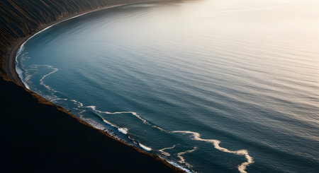 A high-angle view reveals a serene coastline where dark, steep cliffs meet the calm blue ocean. The minimal waves and vast expanse of water create a peaceful and dramatic natural landscape.の素材