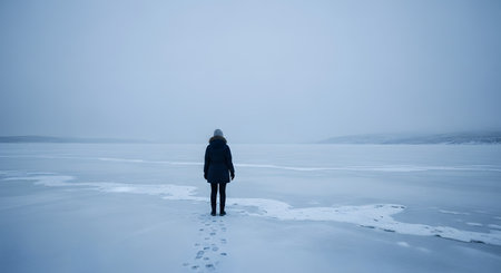 A lone figure stands with their back to the camera in the middle of a vast, frozen lake covered in snow. The moody, overcast winter atmosphere and the trail of footprints leading to the subject convey themes of solitude, isolation, and exploration.の素材