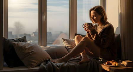 A young woman sitting comfortably on a window sill wrapped in a warm sweater, enjoying a hot cup of coffee. The morning sunlight illuminates the cozy scene, with a croissant and books on a side table.の素材