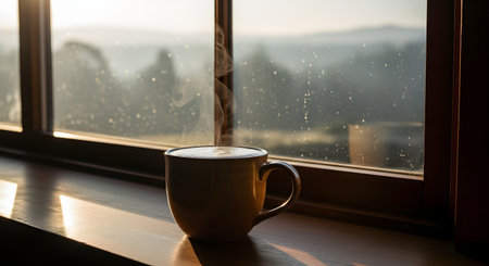 A steaming cup of coffee sitting on a wooden window sill, overlooking a misty and rainy landscape. The warm sunlight hitting the cup contrasts with the cool, moody weather outside, creating a cozy atmosphere.の素材