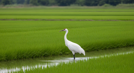 A graceful white crane stands alert in a lush green rice paddy field, contrasting beautifully with the vibrant crops. The peaceful rural scene captures the harmony between wildlife and agriculture in a wetland environment.の素材