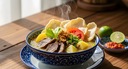 A steaming bowl of traditional Indonesian beef soup, likely Soto, garnished with emping crackers, tomatoes, and fried onions. Served with lime and spicy sambal, the dish looks rich, savory, and appetizing on a wooden table.の素材