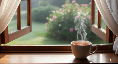 A cozy scene features a white cup of steaming hot tea resting on a wooden windowsill. The open window frames a beautiful view of a lush green garden with blooming pink flowers, bathed in soft morning light.の素材