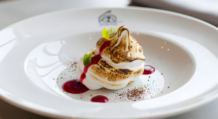 A gourmet dessert featuring a toasted meringue swirl is plated elegantly with red berry sauce and a mint garnish. The dish suggests a fine dining experience, possibly a Baked Alaska or lemon meringue tart.の素材