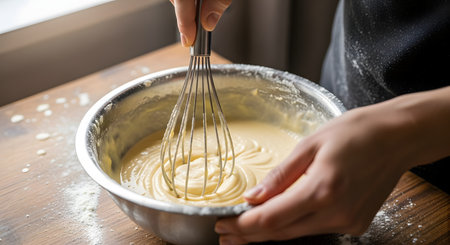 A dynamic close-up shows a person's hands using a metal whisk to mix a smooth, creamy batter in a stainless steel bowl. Scattered flour on the wooden table suggests a baking session in progress, highlighting the homemade preparation of cakes or pastries.の素材