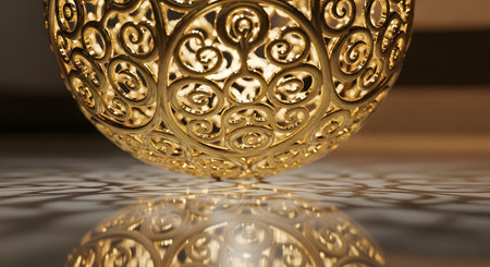 A close-up captures an intricate golden sphere adorned with delicate filigree swirl patterns. The luxury ornament casts dramatic shadows on the surface, highlighting the craftsmanship and metallic texture of the art piece.の素材