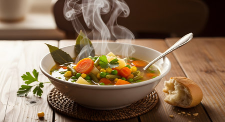 A steaming bowl of fresh vegetable soup filled with carrots, peas, and green beans, served on a rustic wooden table. A slice of fresh bread sits nearby, completing this healthy and comforting meal scene.の素材