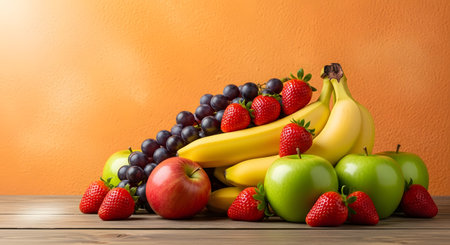A bountiful pile of fresh fruits, including bananas, red and green apples, grapes, and strawberries, sits on a wooden table. The vibrant colors of the produce are highlighted against a textured orange background, emphasizing health and freshness.の素材