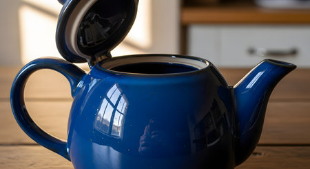 A close-up of a glossy blue ceramic teapot with its lid open, sitting on a wooden table and reflecting a window on its surface. The image evokes a sense of home and comfort, focusing on the details of the pottery and the anticipation of a warm beverage.の素材