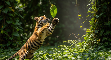 A playful tiger cub leaps into the air to catch a falling green leaf in a lush jungle setting. The dynamic shot captures the energy and agility of the young wild cat amidst the forest greenery.の素材